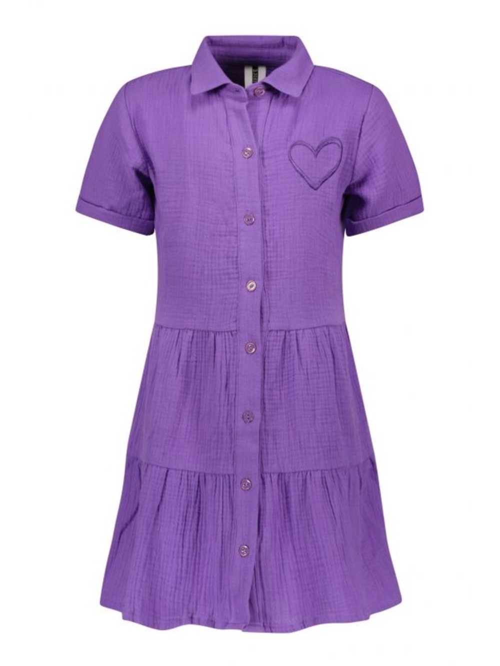 Girls' Purple Short-Sleeve Button-Front Tiered Chiffon Dress with Heart Detail